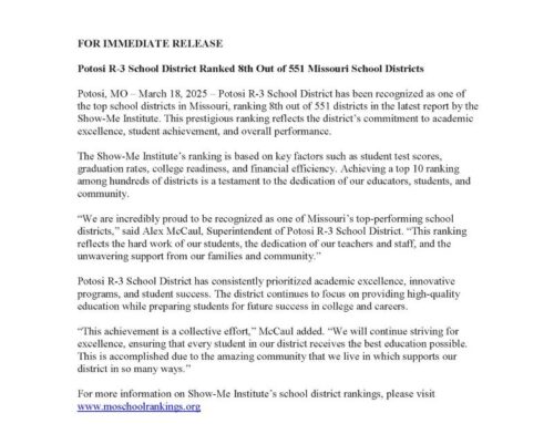 Announcement: Potosi R-3 School District Ranked 8th Out of 551 Missouri School Districts